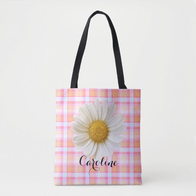 Daisy and Custom Name on Pink Plaid Pattern Tote B Bag (Front)