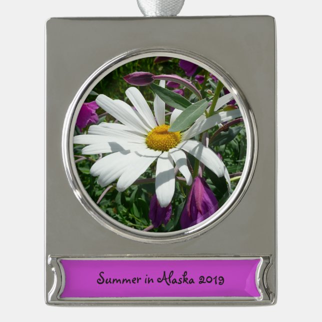 Daisy and Fireweed Wildflower Silver Plated Banner Ornament (Front)