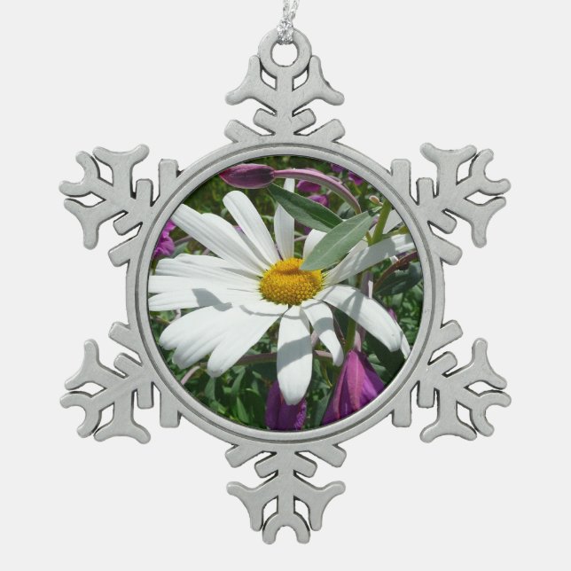 Daisy and Fireweed Wildflower Snowflake Pewter Christmas Ornament (Front)