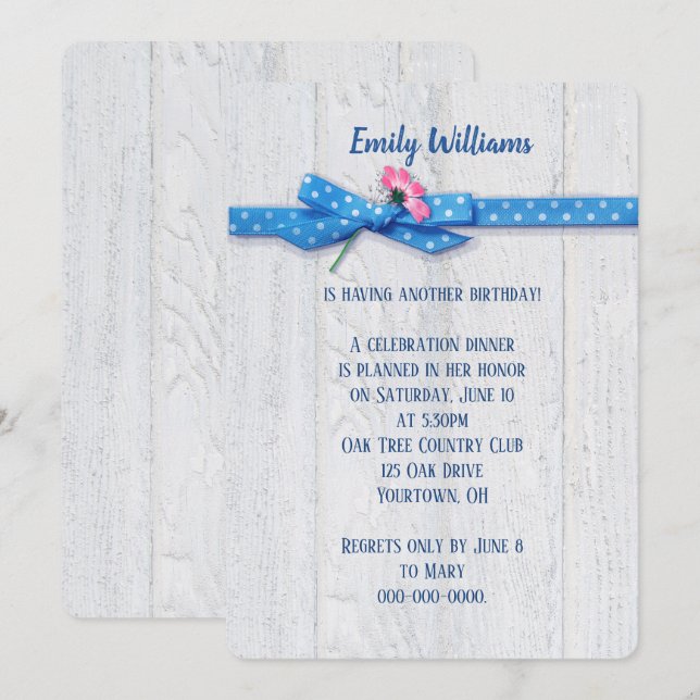 daisy and polka dot ribbon on wood background invitation (Front/Back)