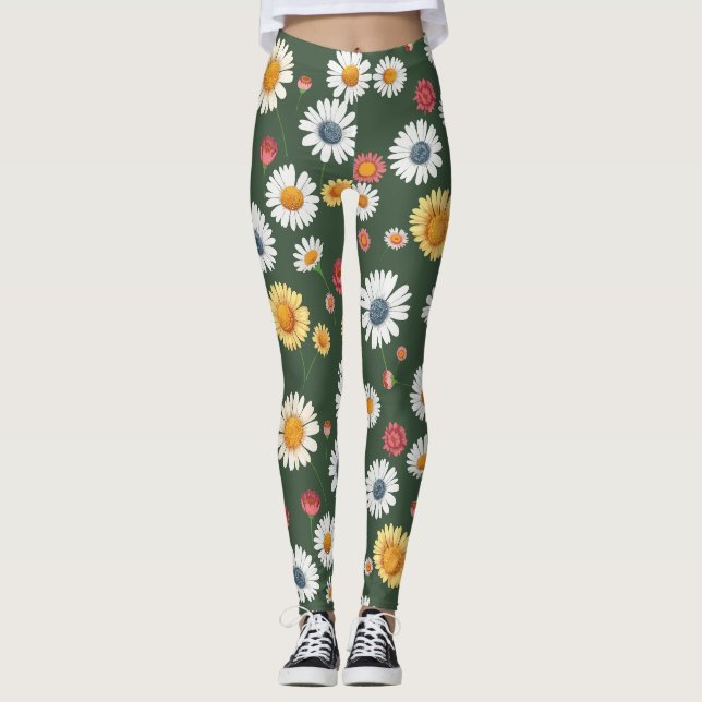 Daisy and Sunflower Floral Seamless Pattern Leggings (Front)