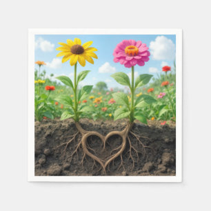 Daisy and Zinnia Root Heart in Garden Napkin