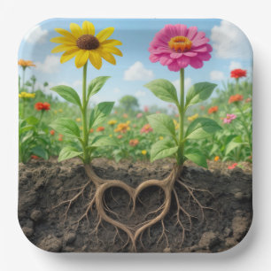 Daisy and Zinnia Root Heart in Garden Paper Plate
