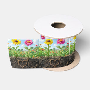 Daisy and Zinnia Root Heart in Garden Satin Ribbon