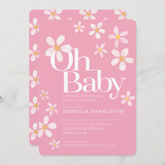 Daisy baby shower oh baby pink yellow white invitation (Front/Back)