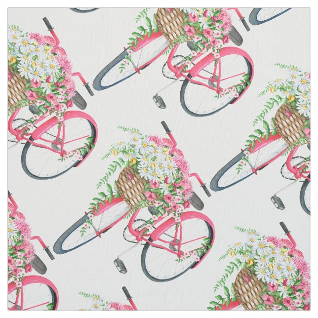Daisy Basket Retro Pink Bicycle Pattern Fabric (Swatch)