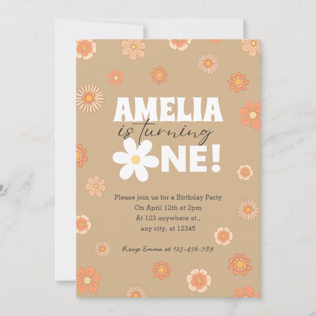 Daisy Beige First Birthday Invitation (Front)