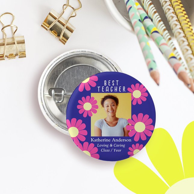 Daisy Best Teacher Photo Dark Purple 3 Cm Round Badge (Daisy Best Teacher Blue Button.)