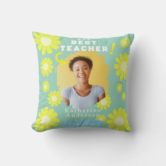 Daisy Best Teacher Photo Teal Cushion (Front)