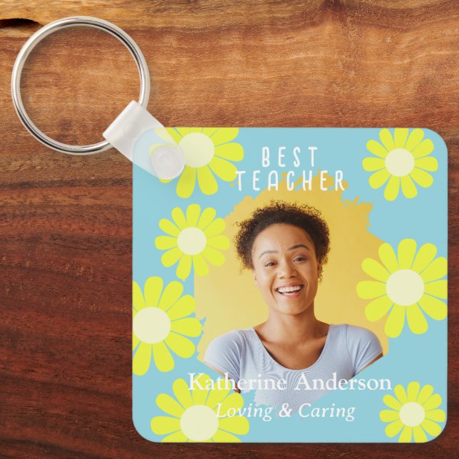 Daisy Best Teacher Photo Teal Key Ring (Front)