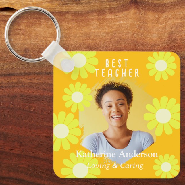 Daisy Best Teacher Photo Yellow Orange Key Ring (Front)