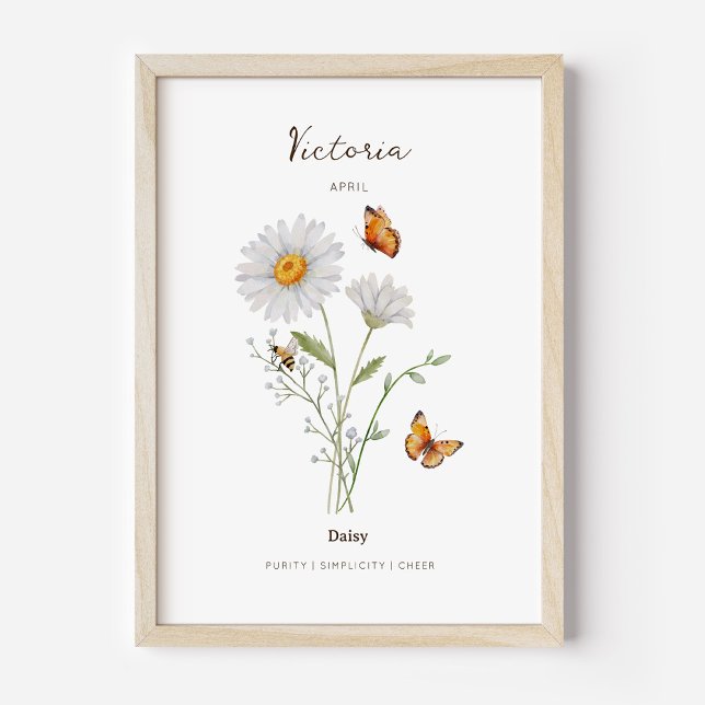 Daisy Birth Month Flower Poster (Example of daisy birth flower poster once framed. )