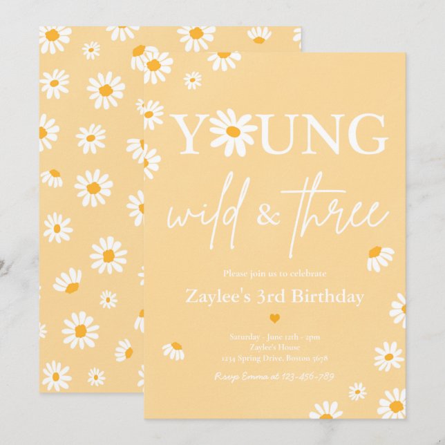 Daisy Birthday Party Bohmian Young Wild And Three  Invitation (Front/Back)