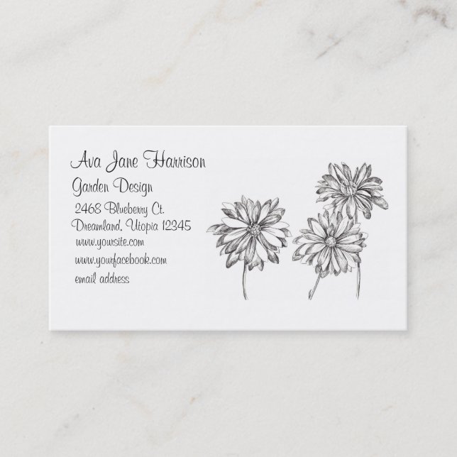 Daisy Black White Flower Drawing Business Card (Front)
