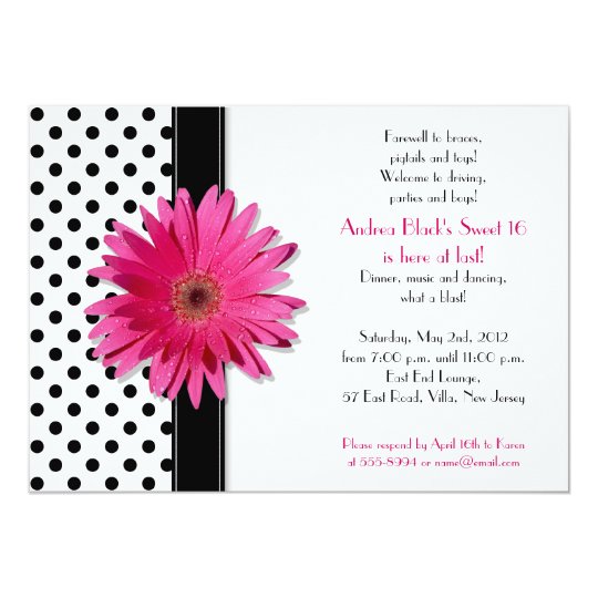 Daisy Black White Polka Dot Sweet 16 Invitation