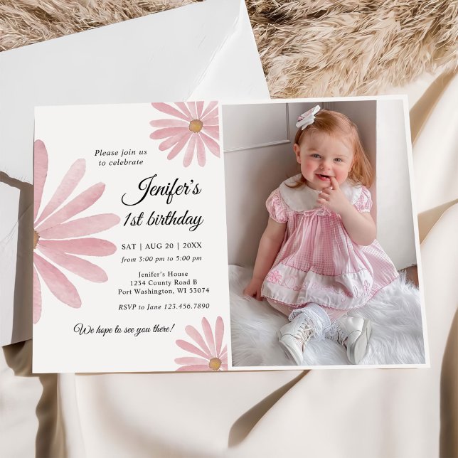 Daisy Bohmian Girl 1st Birthday Party Photo Invitation (Creator Uploaded)