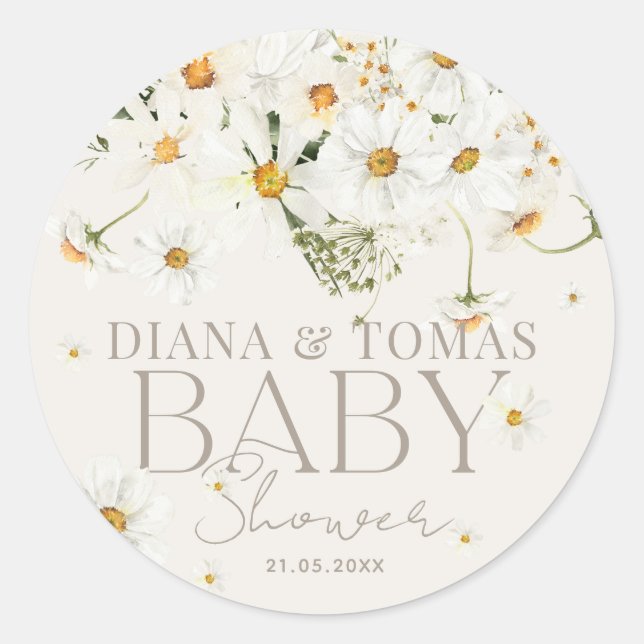 Daisy Boho Baby in Bloom Shower  Classic Round Sticker (Front)