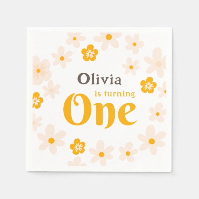 Daisy Boho Floral 1st Birthday Napkin (Front)