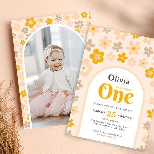 Daisy Boho Floral Photo 1st Birthday Party Invitation