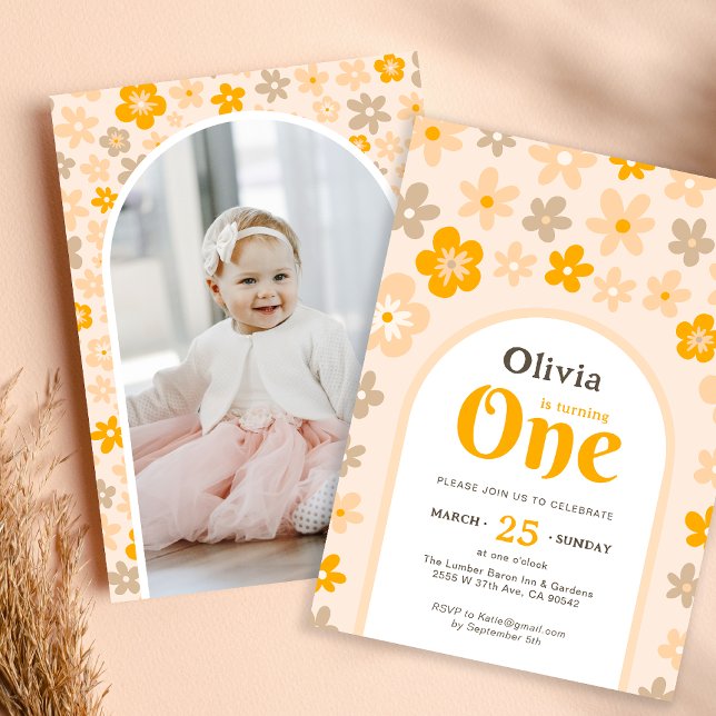 Daisy Boho Floral Photo 1st Birthday Party Invitation (Creator Uploaded)