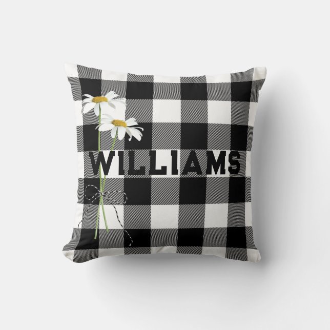Daisy Bouquet and Name On Buffalo Plaid Cushion (Front)