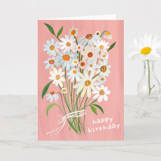 Daisy Bouquet Happy Birthday Handpainted Gouache  Card (Small Plant)