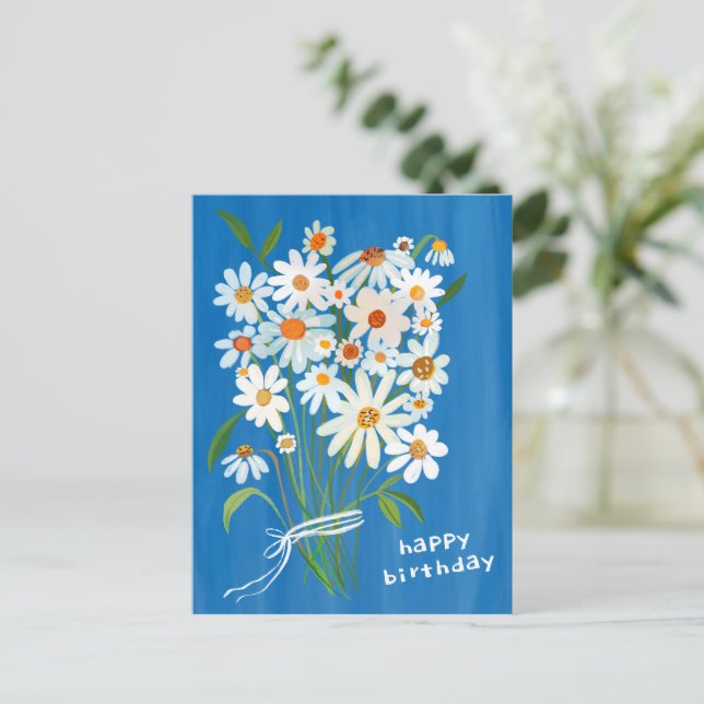 Daisy Bouquet Happy Birthday Handpainted Gouache  Postcard (Standing Front)
