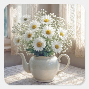 Daisy Bouquet in an Antique Teapot Square Sticker