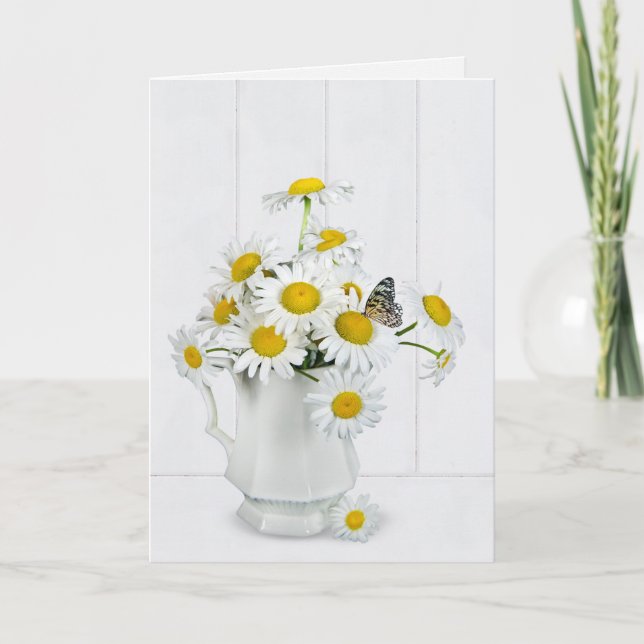 Daisy bouquet with butterfly on whitewashed wood card (Front)