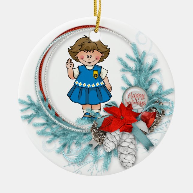Daisy Brunette Scout Blue Pine Wreath Ceramic Ornament (Front)