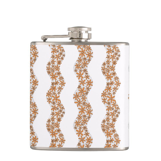 Daisy Chain Wiggly Flower Stripes orange Hip Flask (Front)