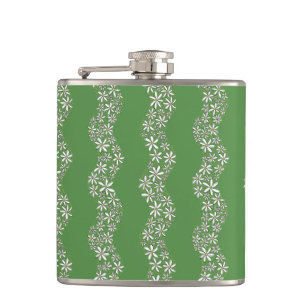 Daisy Chain Wiggly Flower Stripes white green Hip Flask