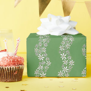 Daisy Chain Wiggly Flower Stripes white green Wrapping Paper