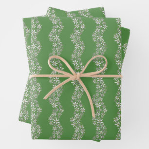 Daisy Chain Wiggly Flower Stripes white green Wrapping Paper Sheet