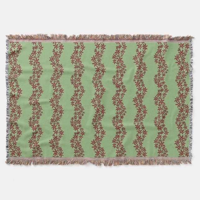 Daisy Chain Wiggly Flower Stripes white on green Throw Blanket (Front)