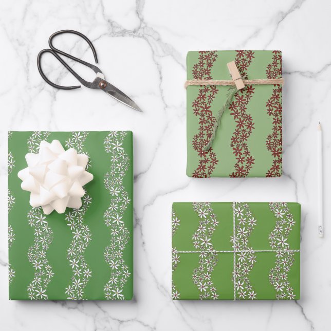 Daisy Chain Wiggly Flower Stripes white red Wrapping Paper Sheet (Front)