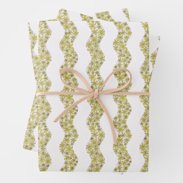 Daisy Chain Wiggly Flower Stripes yellow Wrapping Paper Sheet (In situ)