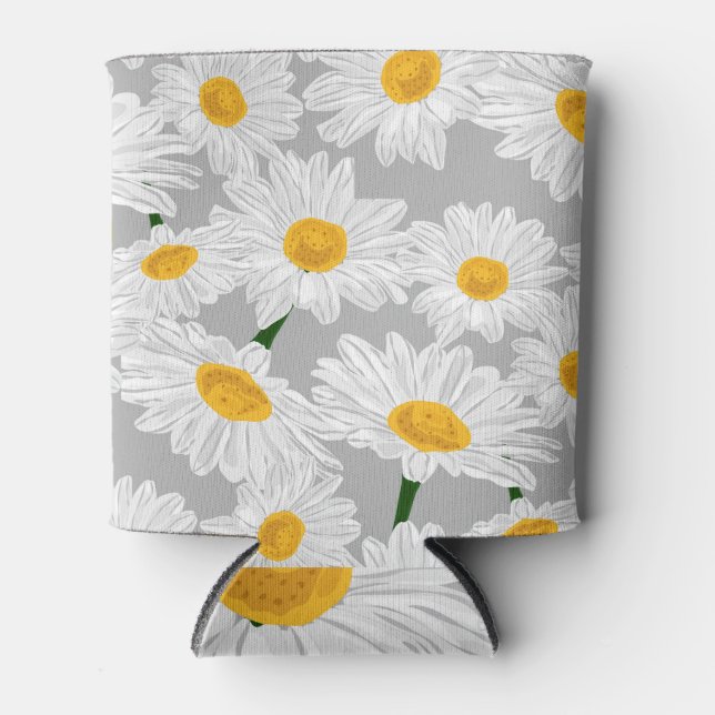 Daisy Chamomile Field Grey Background Can Cooler (Front)