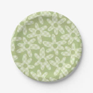 Daisy Check Sage Green Retro Modern Pattern Paper Plate