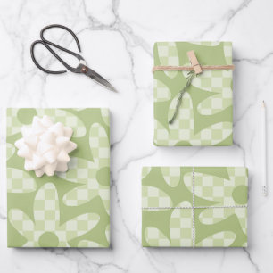 Daisy Check Sage Green Retro Modern Pattern Wrapping Paper Sheet
