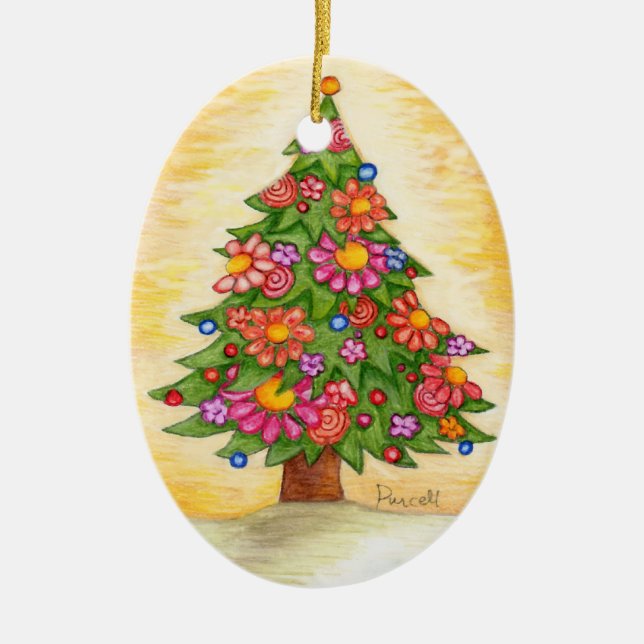 Daisy Christmas Tree Ceramic Ornament (Front)