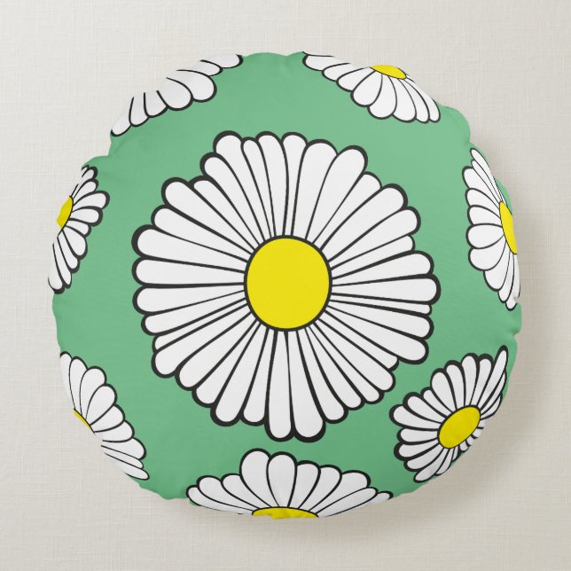 Daisy Circle on Green Round Cushion (Front)