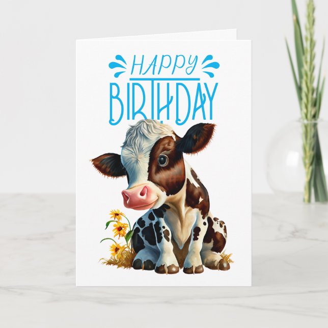 Daisy Cow Birthday Boy Blue Card (Front)
