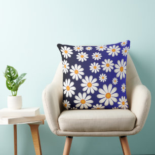 Daisy Delight - White Floral Pattern on Blue Cushion