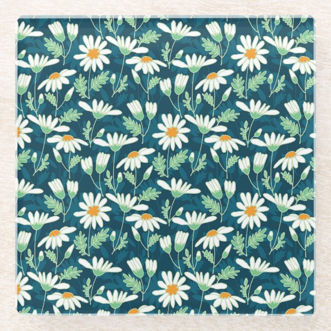 Daisy Ditsy Chamomile Romantic Print Glass Coaster (Front)