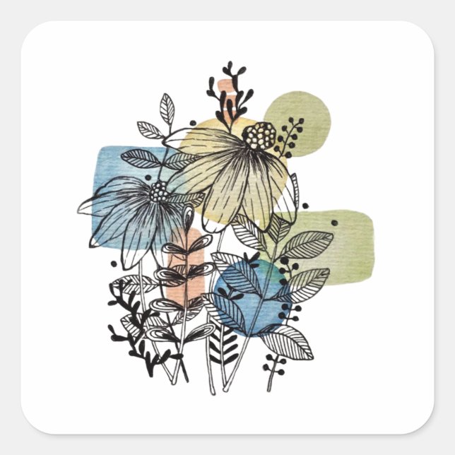Daisy Doodle In Ink And Watercolor Square Sticker (Front)