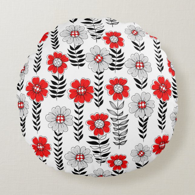 Daisy doodles  in red and black round cushion (Front)