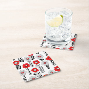 Daisy doodles in red and black square paper coaster
