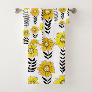 Daisy doodles in yellow and black bath towel set