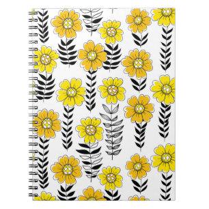 Daisy doodles in yellow and black notebook
